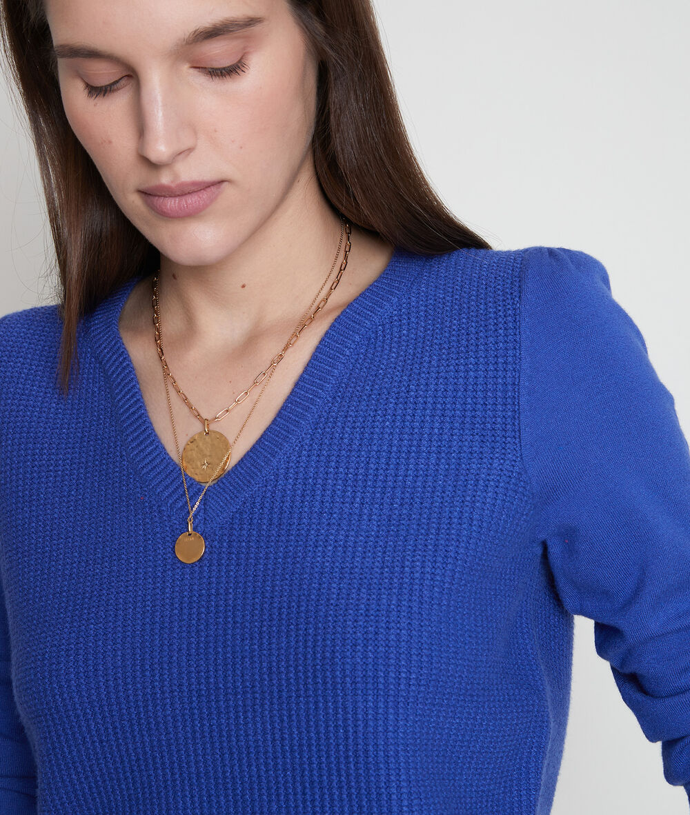 Pull en double maille à col v bleu théa bleu.