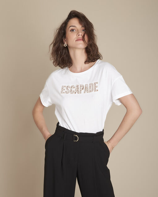 Weißes T-Shirt mit Message-Motiv aus Spitze und mit Stick-Optik, Carthagene  (2) - Maison 123