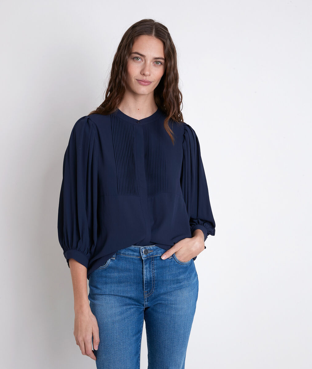 Blouse en polyester recyclé marine plissée Tarika | 1-2-3 Blouse en polyester recyclé marine plissée Tarika PhotoZ | 1-2-3