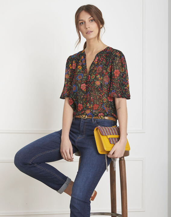 Blouse noire imprimé fleuri volants Valerianne | 1-2-3 Blouse noire imprimé fleuri volants Valerianne PhotoZ | 1-2-3