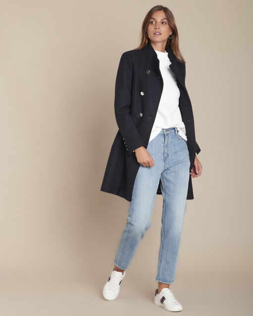 Marineblauwe wollen mantel met dubbele knoopsluiting jasmin marine.