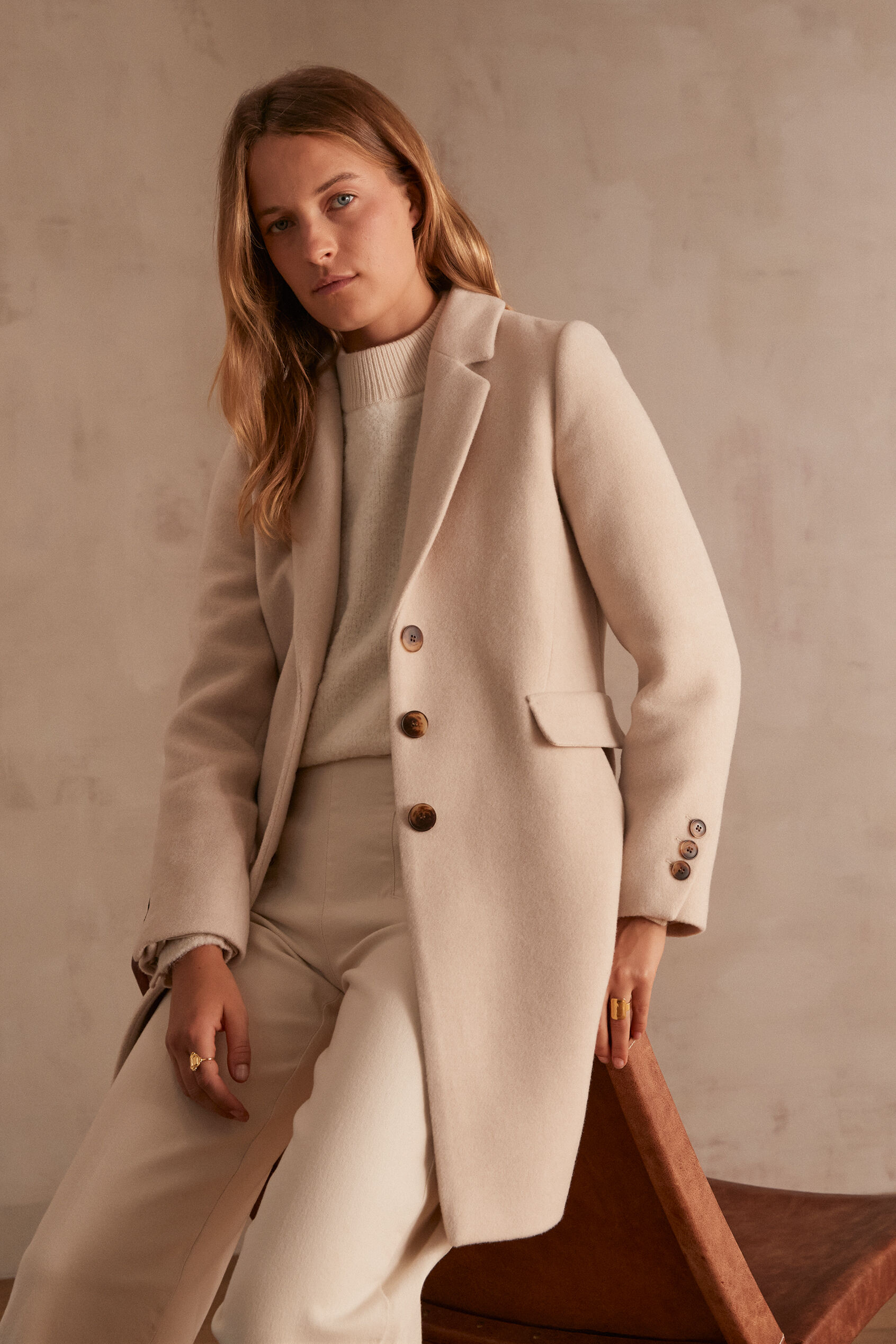 Manteau droit en laine recyclée beige plume