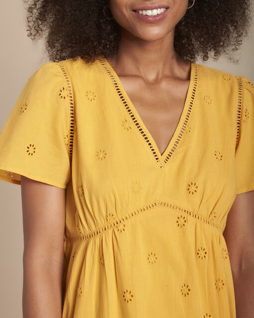 Robe jaune longue broderie anglaise lima bouton d`or.