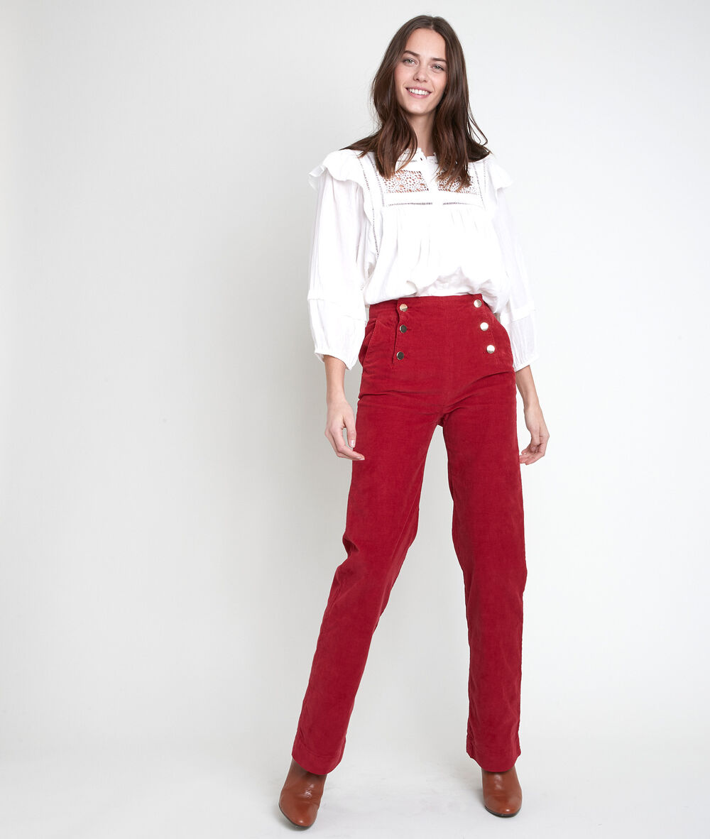 Pantalon &agrave; pont en velours rouge hubert tomette.