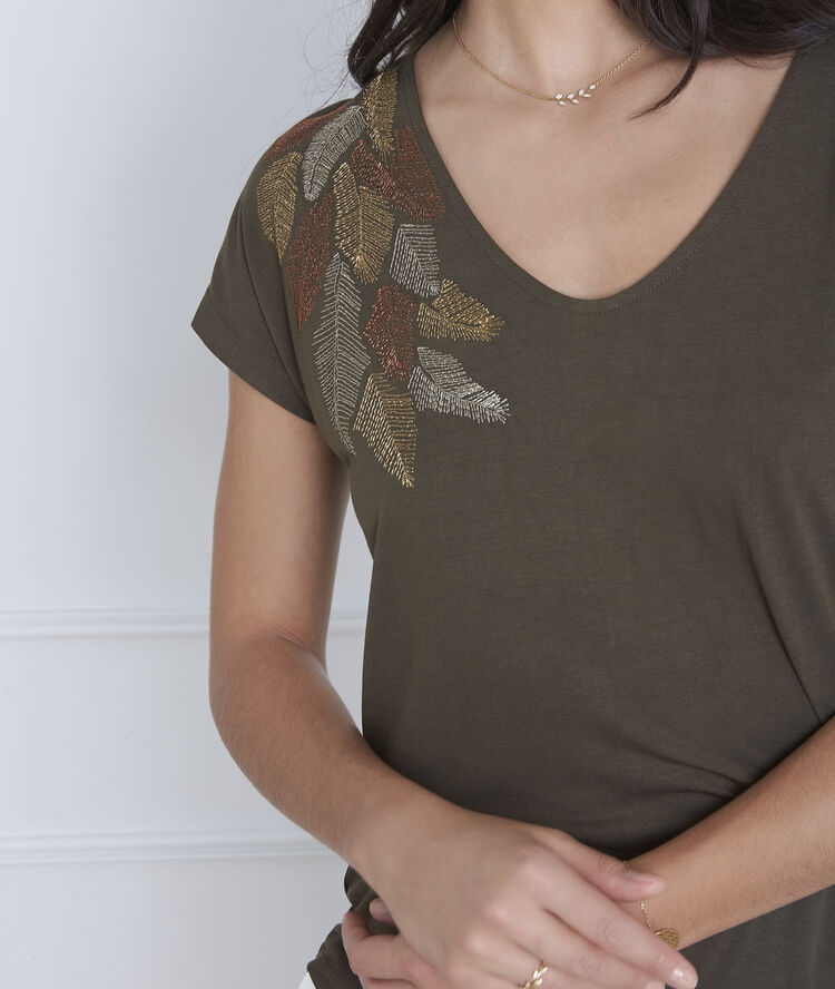 Khakifarbenes t-shirt mit feder-stickerei pandore kaki.