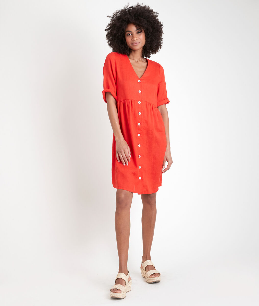 Robe en lin certifié boutonnée rouge Lalou | 1-2-3 Robe en lin certifié boutonnée rouge Lalou PhotoZ | 1-2-3