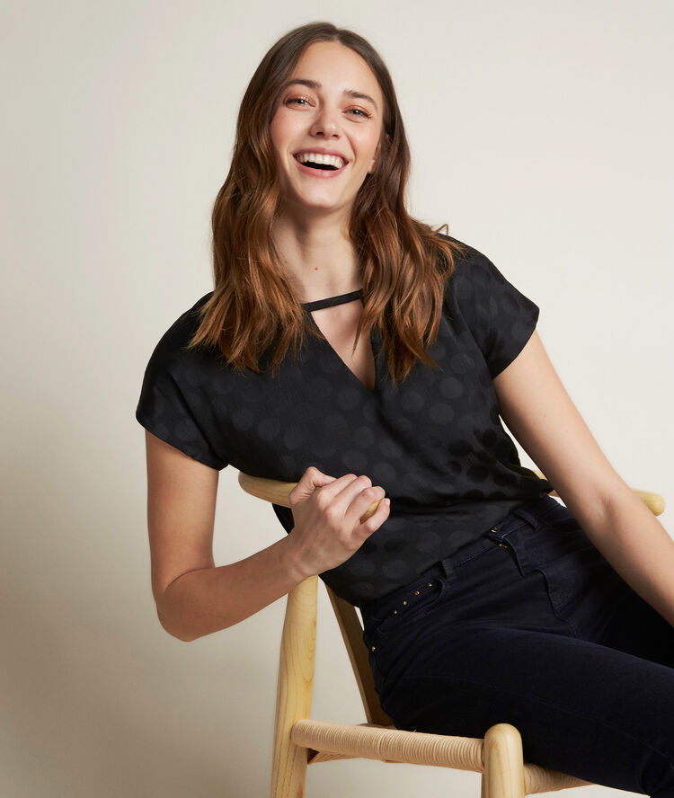 T-shirt aus bimaterial mit p&uuml;nktchen rebecca schwarz.