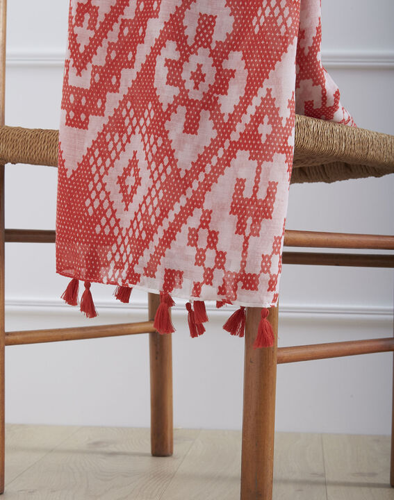 Foulard rouge imprimé à pompons Oriane | 1-2-3 Foulard rouge imprimé à pompons Oriane PhotoZ | 1-2-3