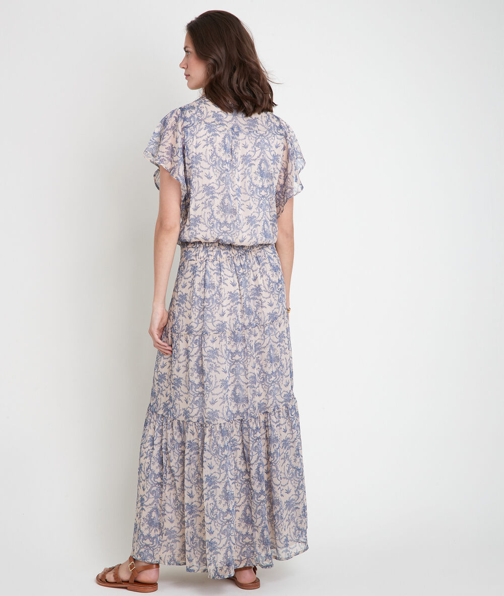 Robe longue imprimée bleu et blanc laiza ecru.