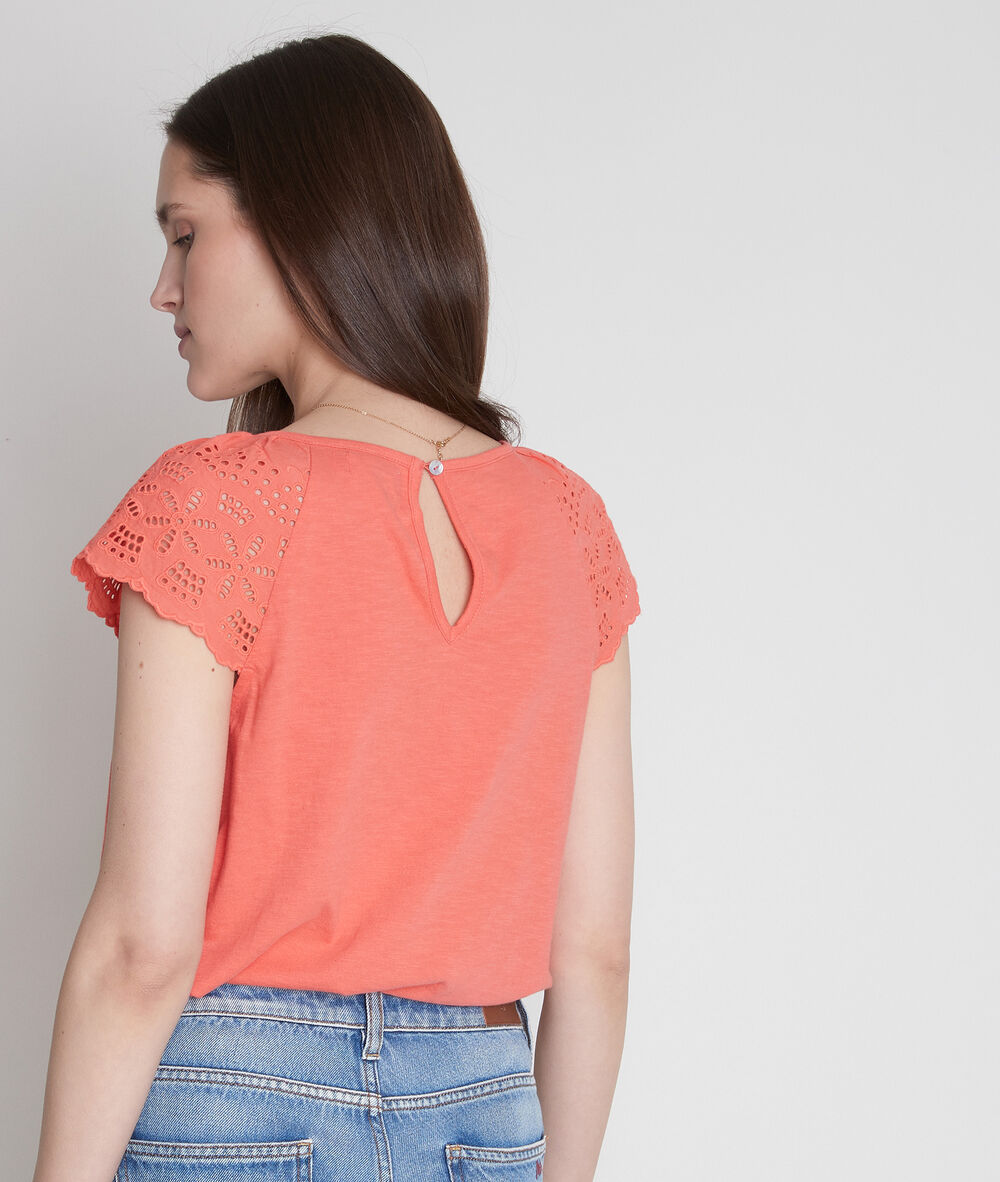 Tee-shirt en coton et dentelle corail ecume corail.