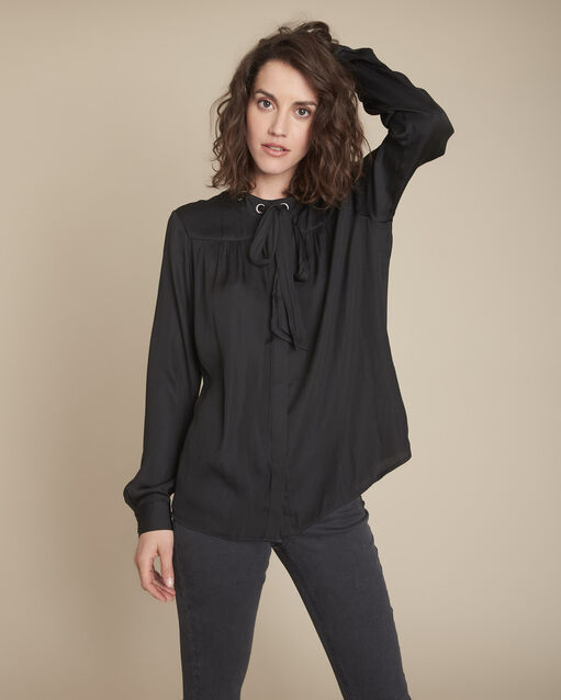 Schwarzen Hemdbluse mit Ösen-Ausschnitt und Schal, Maud (1) - Maison 123