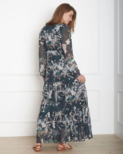 Robe longue verte imprimé fleuri lucille foret.