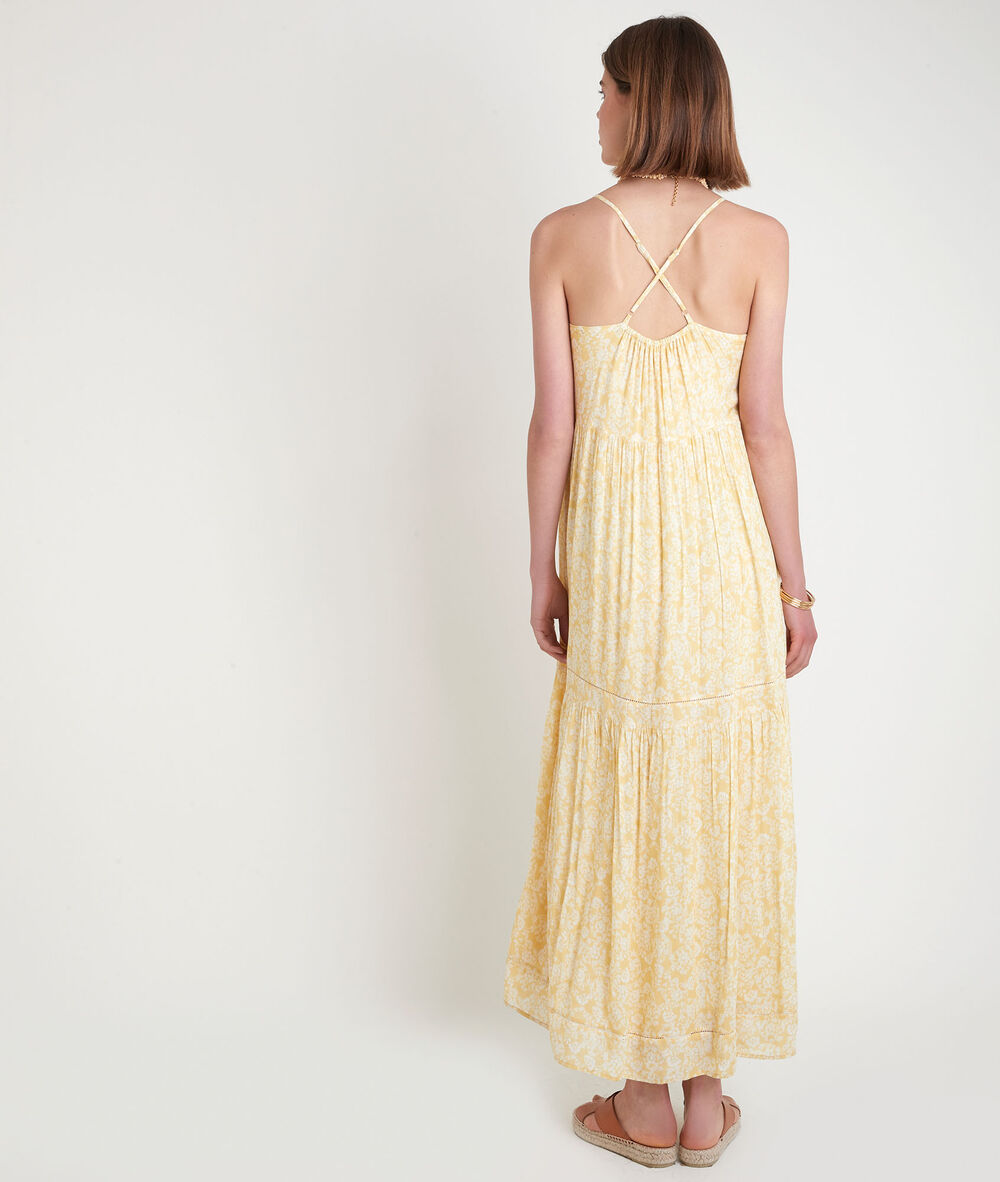 Robe longue à bretelles fines imprimée jaune safia citron.