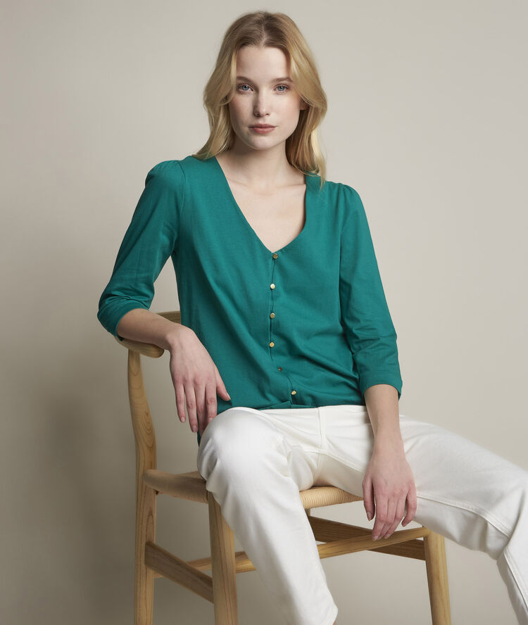 Tee-shirt boutonné vert rosace sauge.