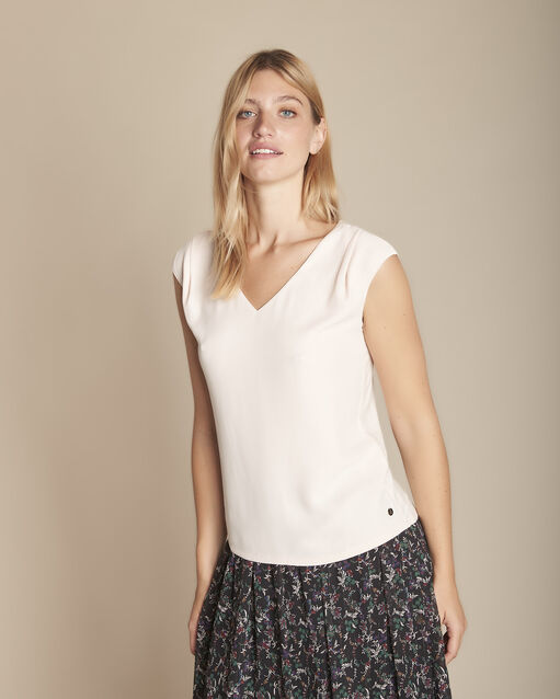 Blouse rose pâle bimatière col v neptune peche.