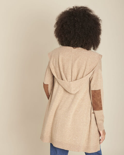 Gilet long en cachemire havane feuillage camel.