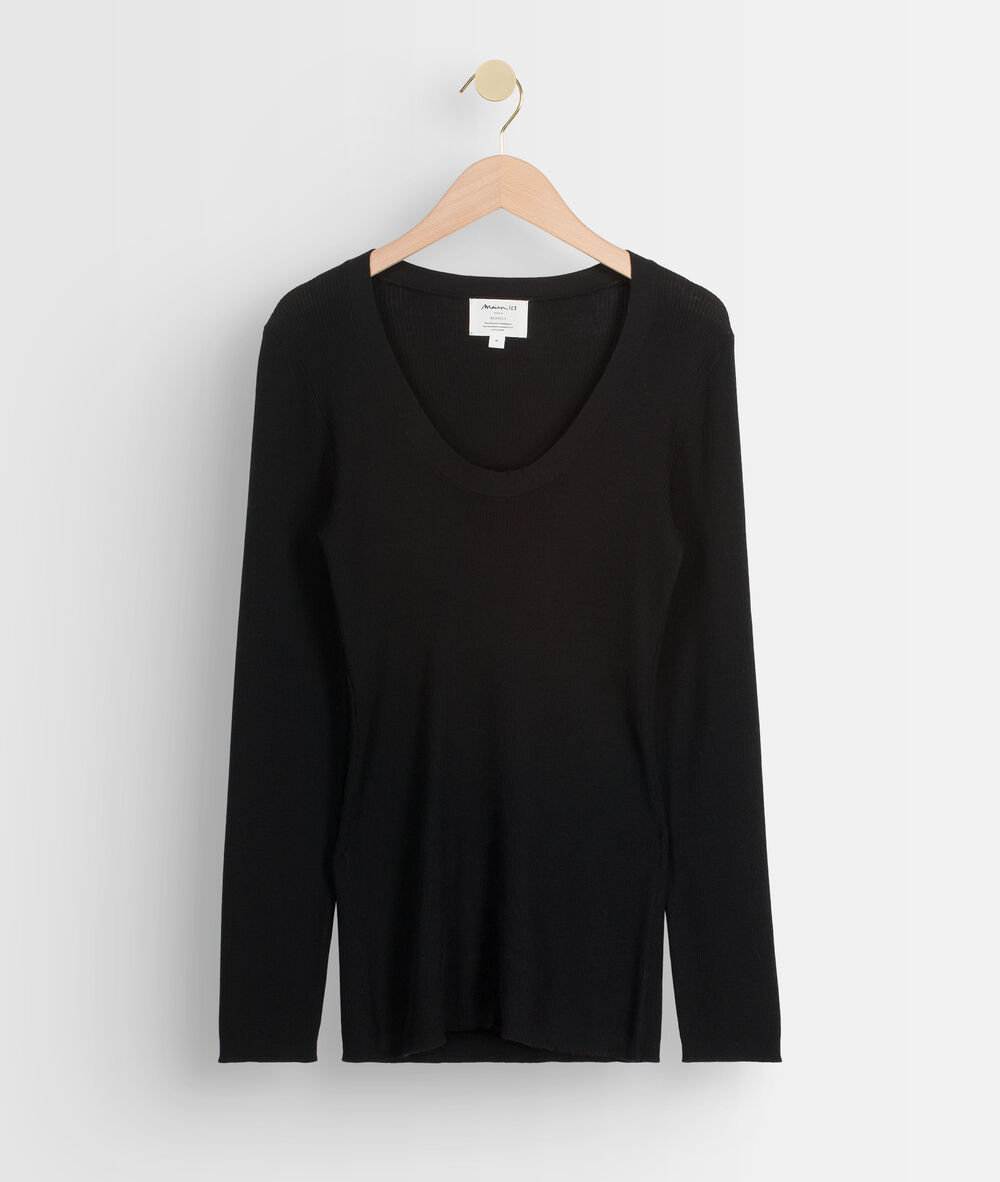 Zwart t-shirt met lange mouwen van geribd en gerecycled wol tayron noir.