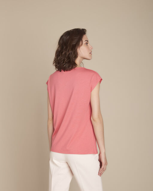Tee-shirt rose encolure drapée caline corail.