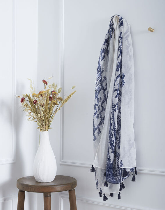 Foulard bleu imprimé à pompons Oriane | 1-2-3 Foulard bleu imprimé à pompons Oriane PhotoZ | 1-2-3