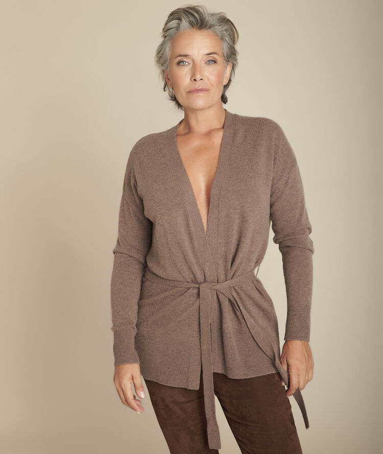 Gilet en cachemire ceinturé ébène fougere marron fonce.