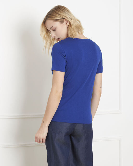 Tee-shirt bleu encolure lurex etincelante bleuet.