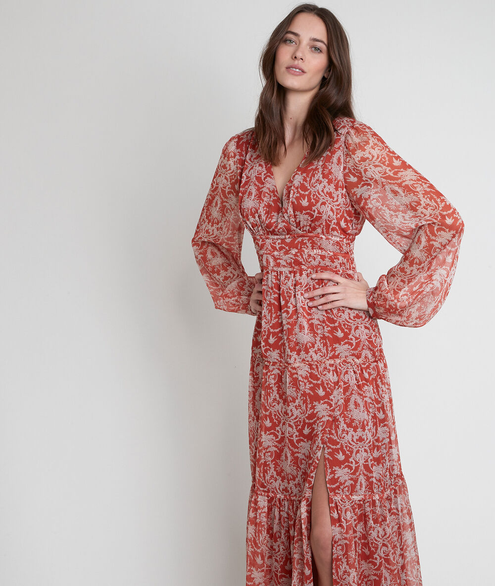 Robe longue orange imprim&eacute;e leonor goyave.