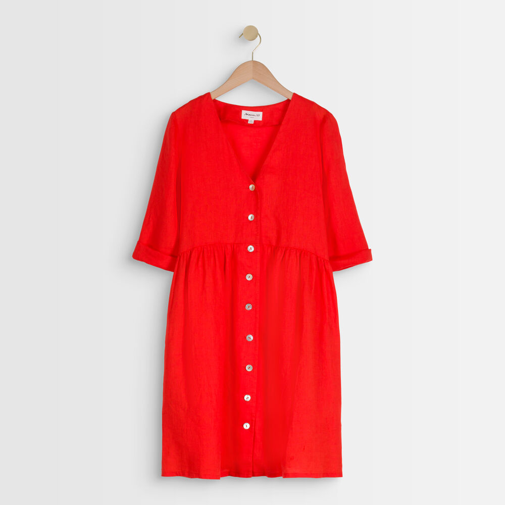 Robe en lin certifié boutonnée rouge lalou geranium.