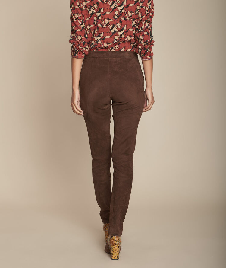 Pantalon legging marron en cuir velours elsa marron fonce.