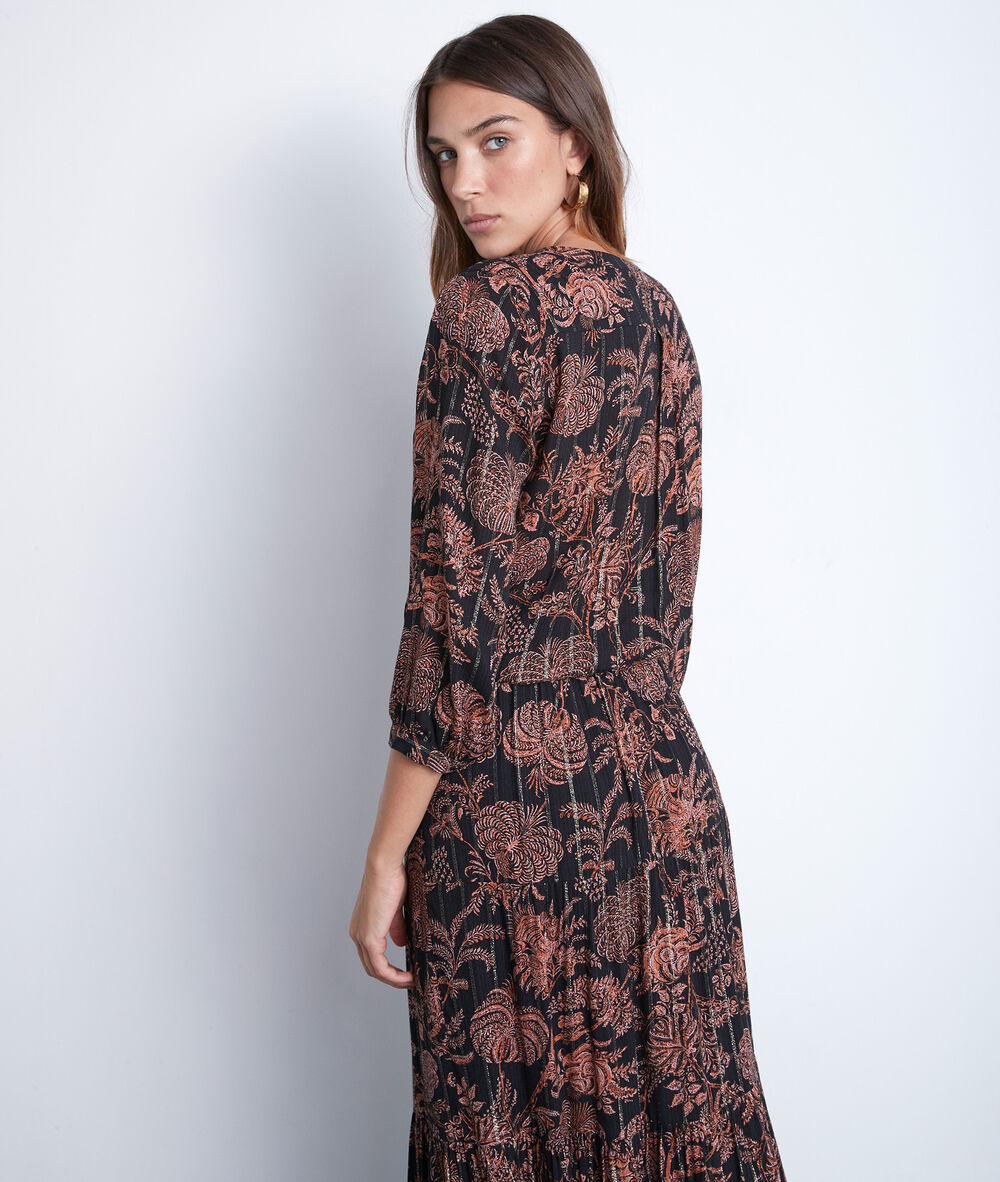 Robe chemise longue imprimée noire et orange laly noir.