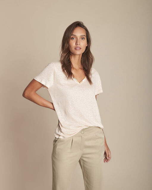 Rosa T-Shirt aus Leinen mit besticktem Halsausschnitt Capri (1) - Maison 123