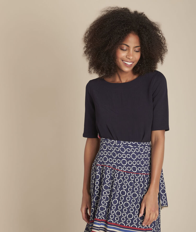 Top van molton uit twee materialen moussaka marine.