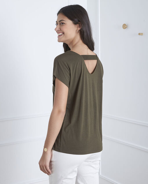 Tee-shirt kaki broderie plume pandore kaki.