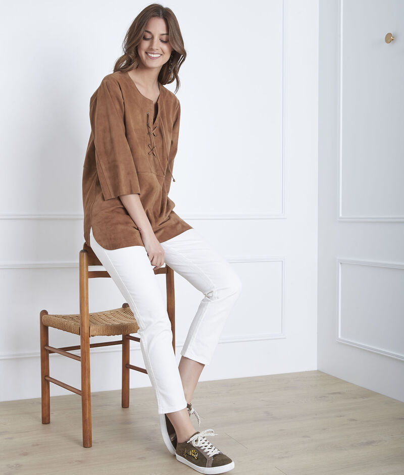 Tunique chocolat laçage en cuir velours vanak camel.