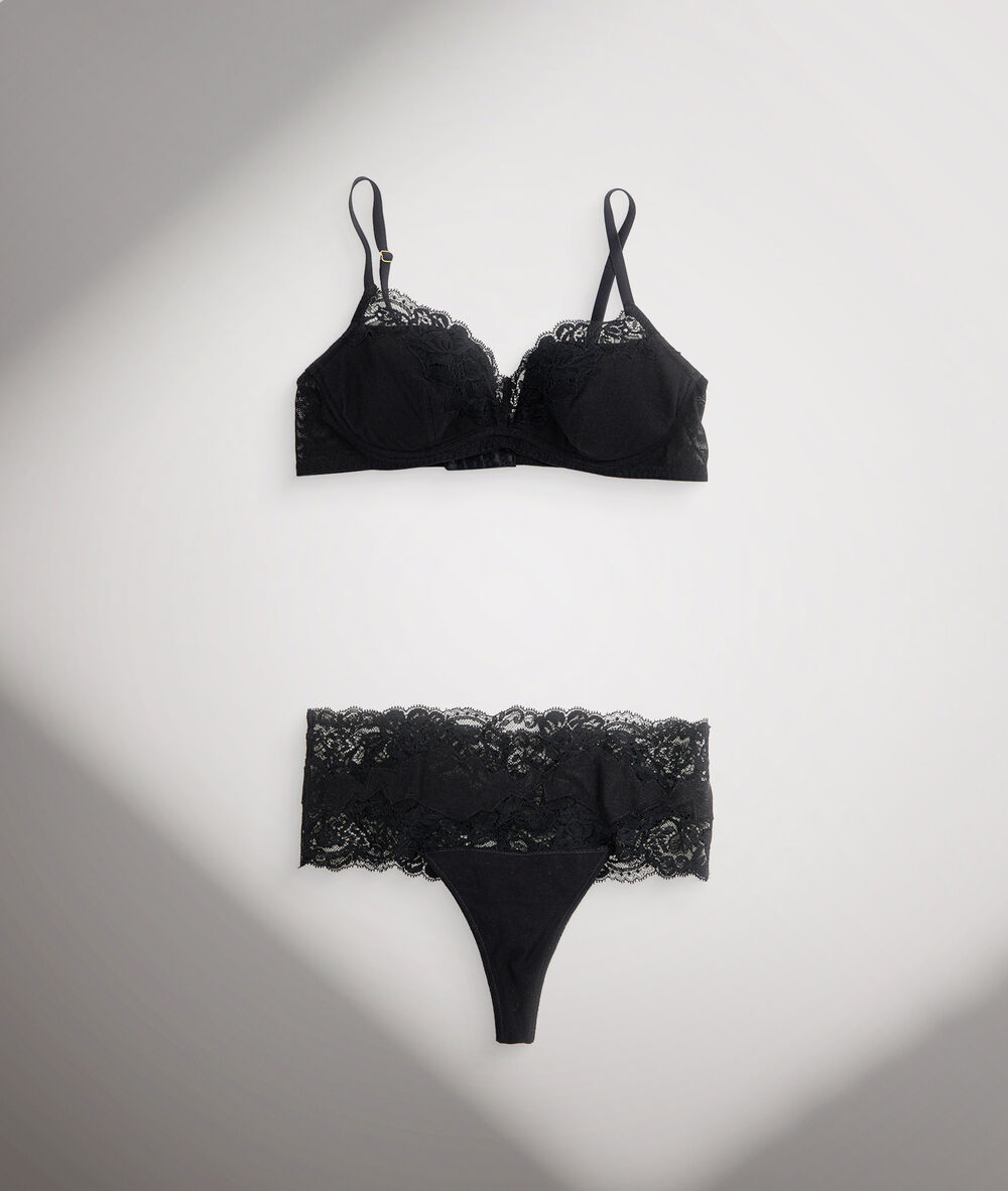 Tanga haut en tulle coton et dentelle française noir jeanne noir.
