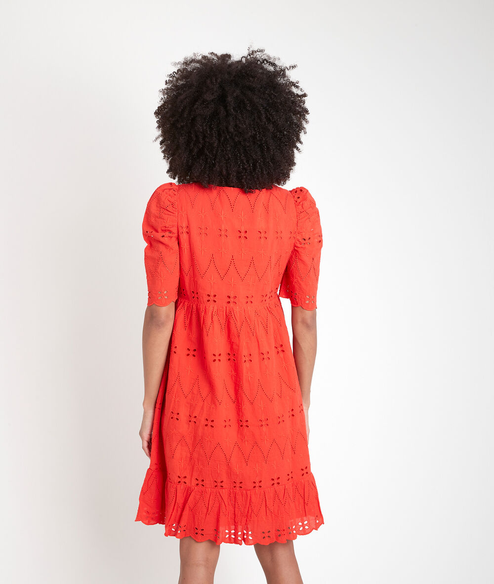 Robe courte corail en coton biologique brodé lamie corail.