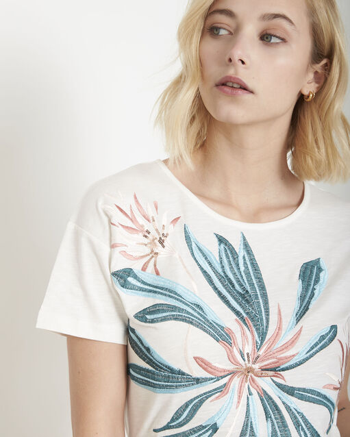 Tee-shirt écru brodé plage ecru.