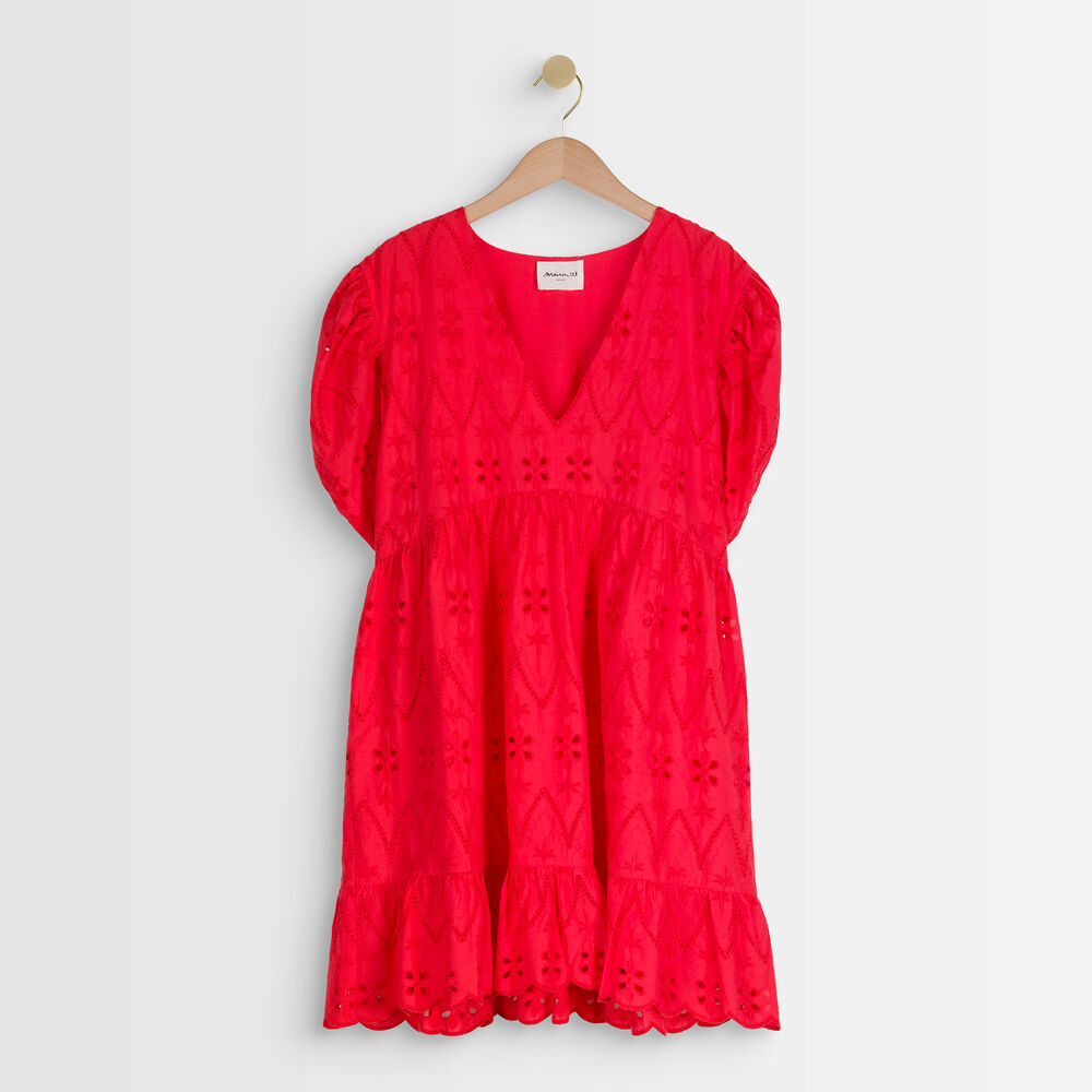 Robe courte corail en coton biologique brodé lamie corail.