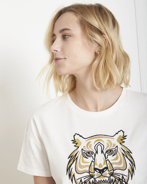 Ecrufarbenes t-shirt mit stickerei tiger primitif ecru.