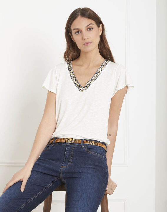 Tee-shirt écru encolure fantaisie Penelope | 1-2-3 Tee-shirt écru encolure fantaisie Penelope PhotoZ | 1-2-3