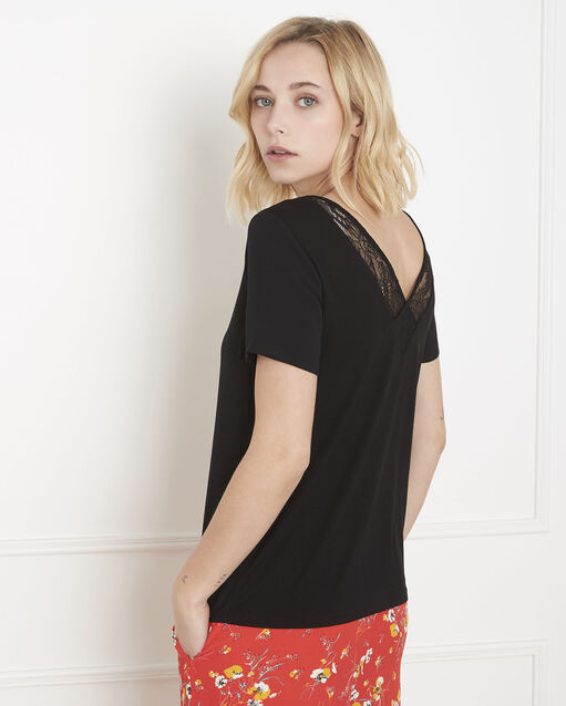 Blouse noire bimatière dentelle vaine noir.