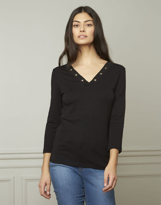 Schwarzes T-Shirt mit V-Ausschnitt mit Ösen Basic | 1-2-3 Schwarzes T-Shirt mit V-Ausschnitt mit Ösen Basic PhotoZ | 1-2-3
