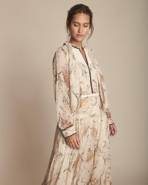 Robe longue imprim&eacute;e imane ecru.