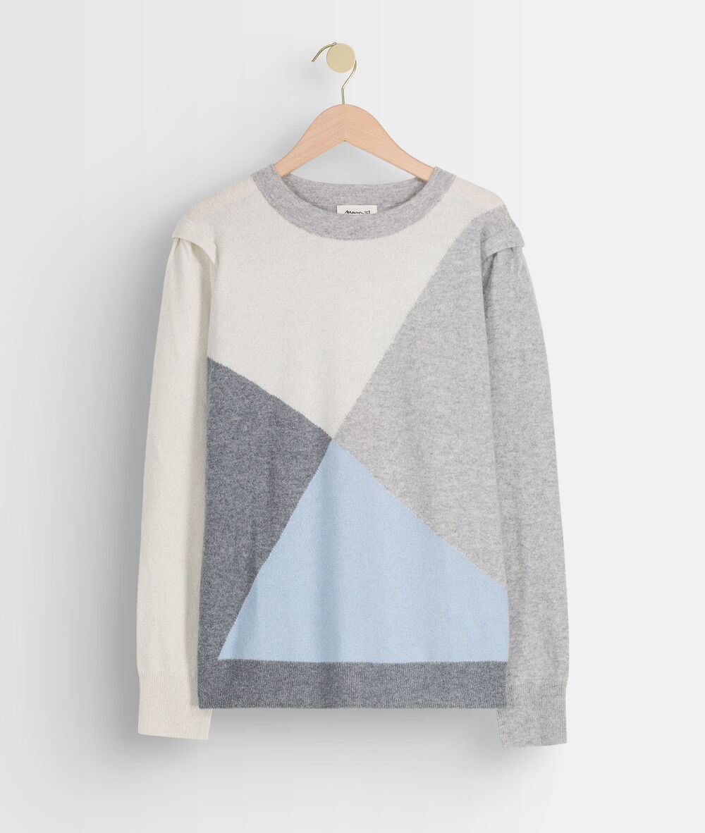 Grijze trui van kasjmier met geometrische jacquard triangle ciel.