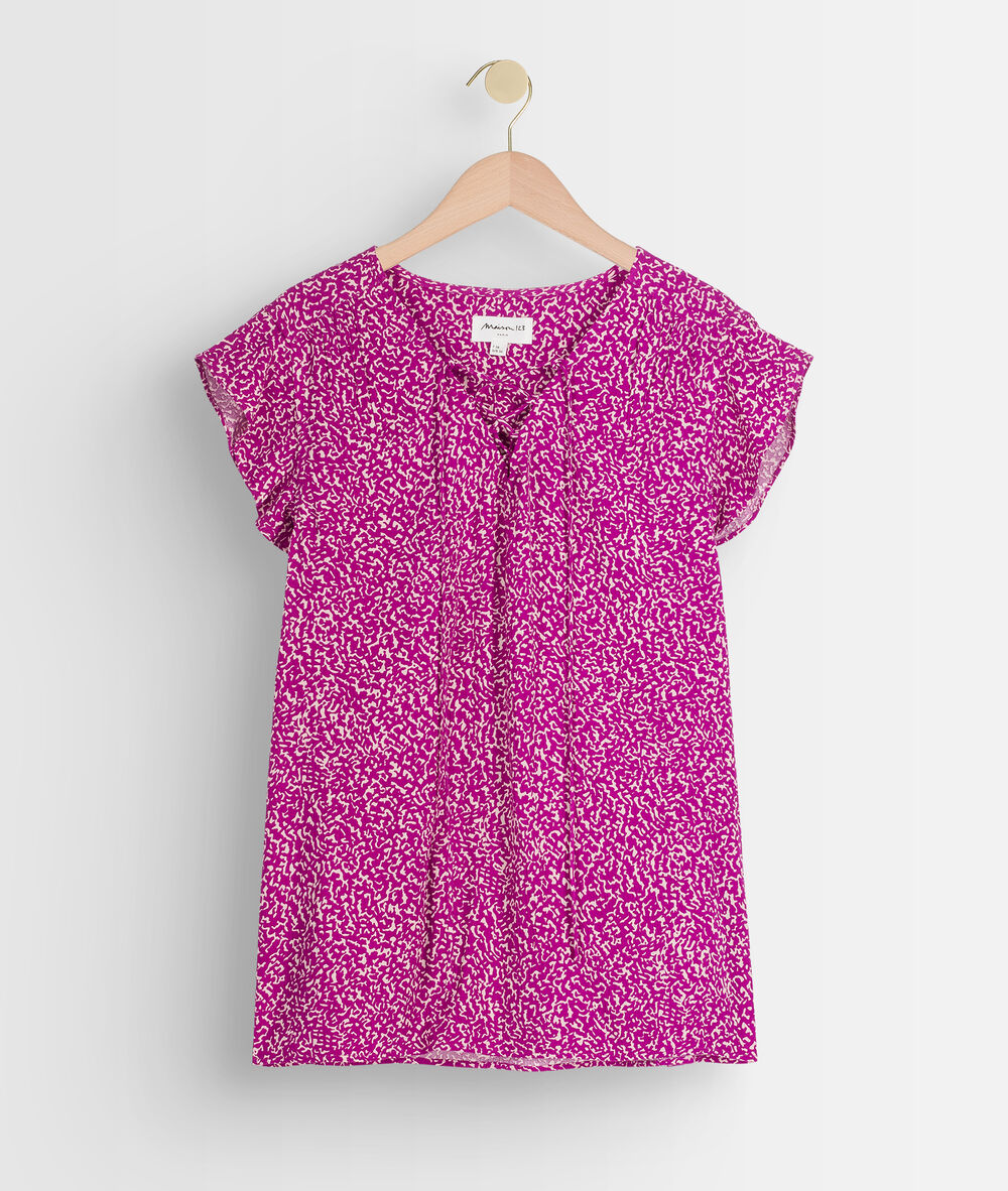 Fuchsia soepele top met plooitjes aan de mouwen en print albanne fuchsia.