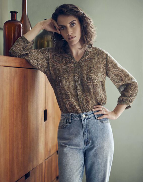 Blouse kaki imprimé cachemire Martine | 1-2-3 Blouse kaki imprimé cachemire Martine PhotoZ | 1-2-3