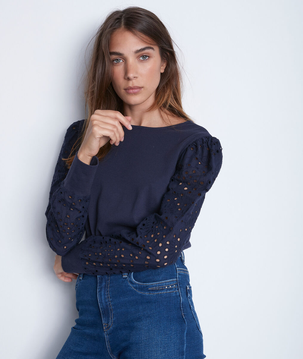 Marineblauw katoenen T-shirt met geborduurde mouwen Elodie | 1-2-3 Marineblauw katoenen T-shirt met geborduurde mouwen Elodie PhotoZ | 1-2-3