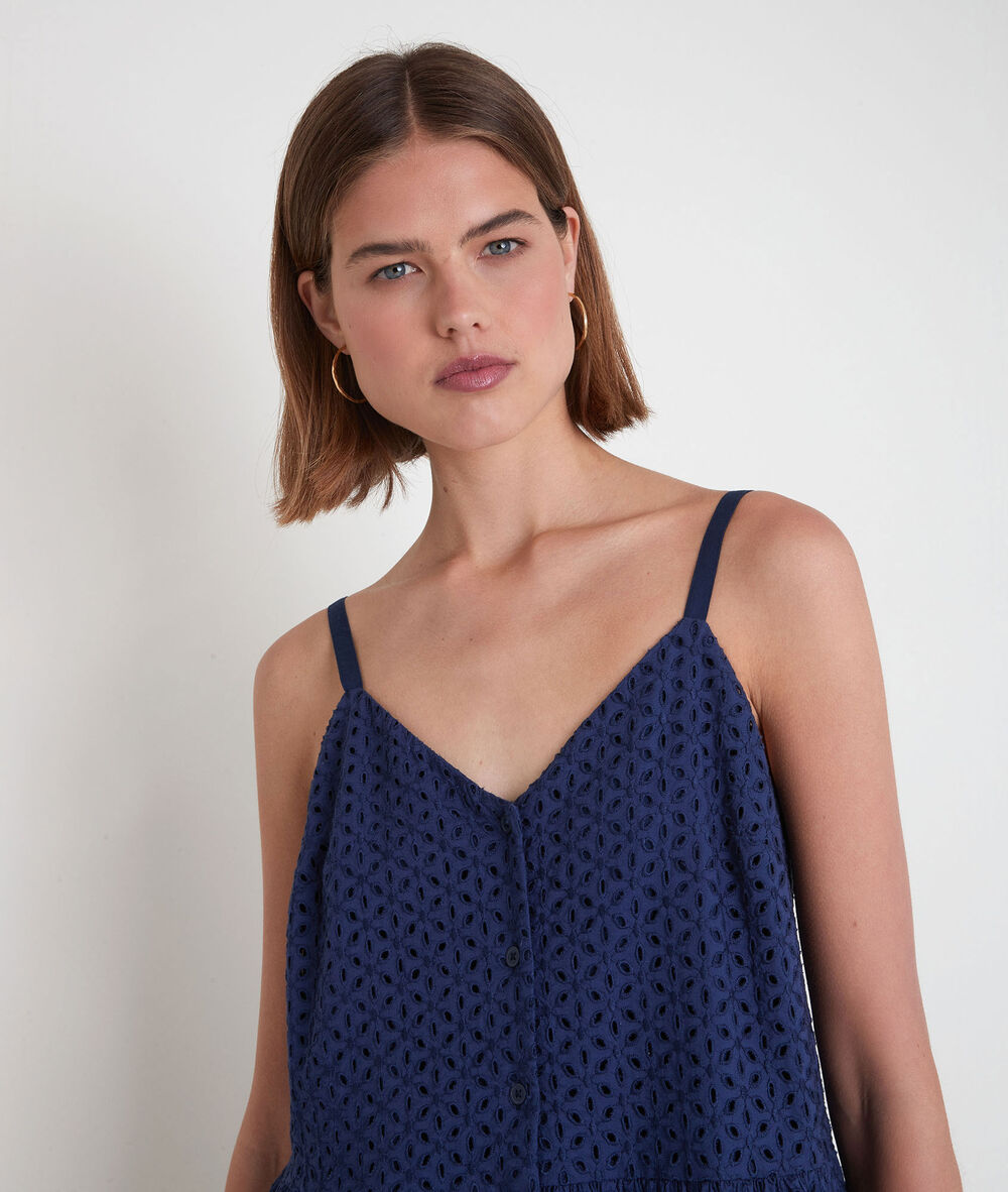 Robe mini à bretelles en broderie anglaise marine samia denim brut.