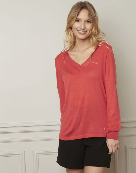 Pull corail col V en viscose mélangée Bergamote | 1-2-3 Pull corail col V en viscose mélangée Bergamote PhotoZ | 1-2-3