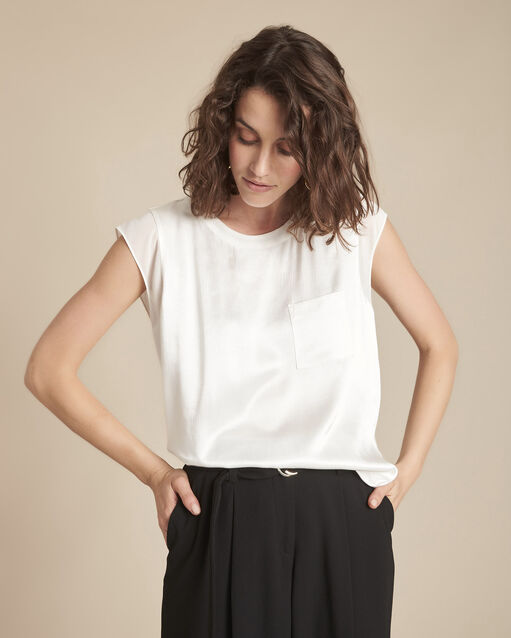 Ecrufarbenes top bimaterial satin vorne mayssa ecru.