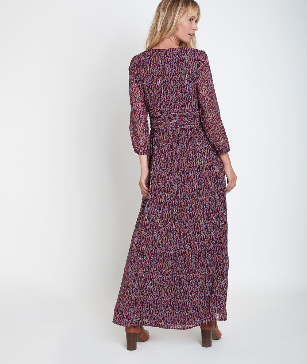 Robe longue imprimée claudine bis grenat.